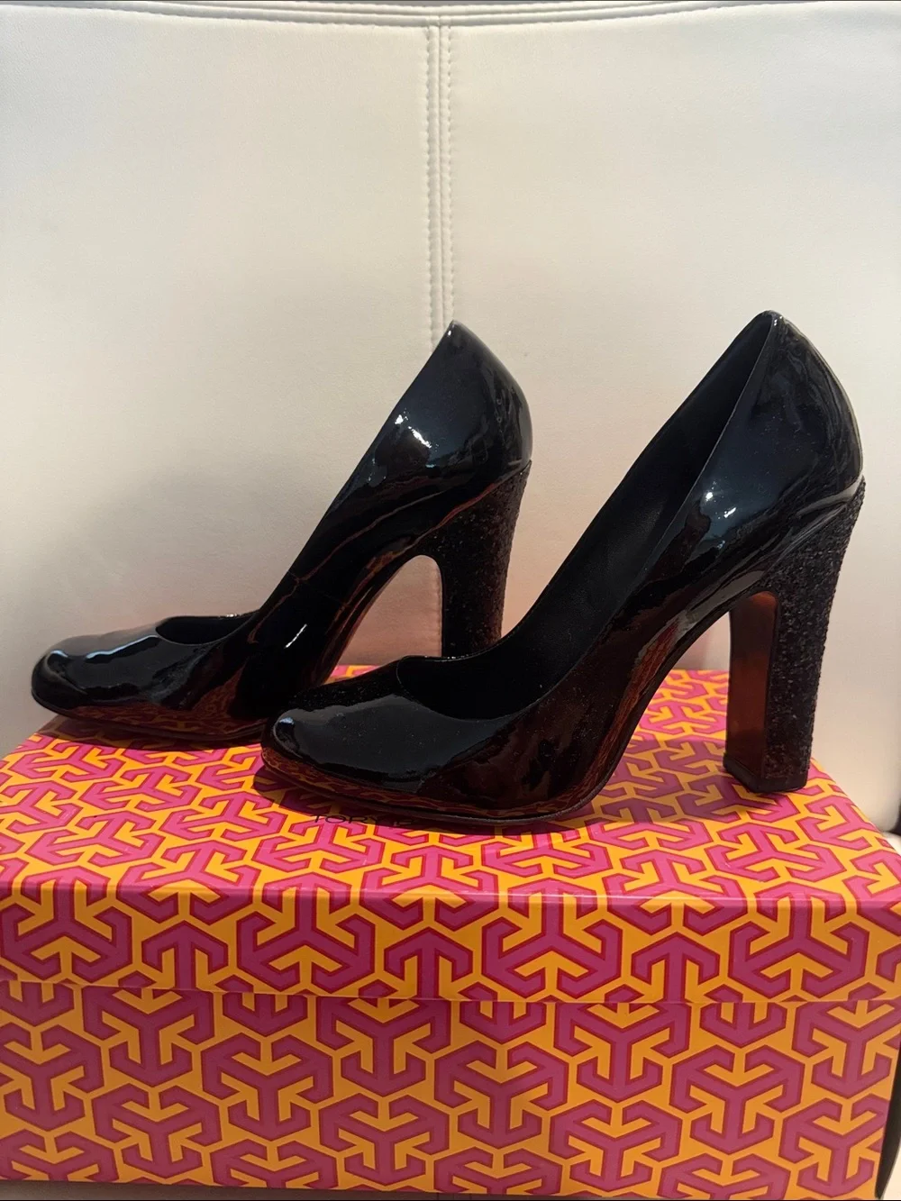 Tory Burch Black Patent Block Heel Pumps - Picture 6 of 8